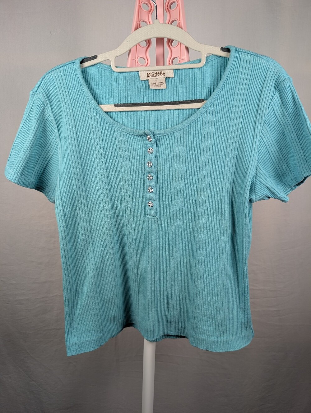 Michael Kors Aqua Ribbed Knit Henley Top XL Rhinestone Button Stretch